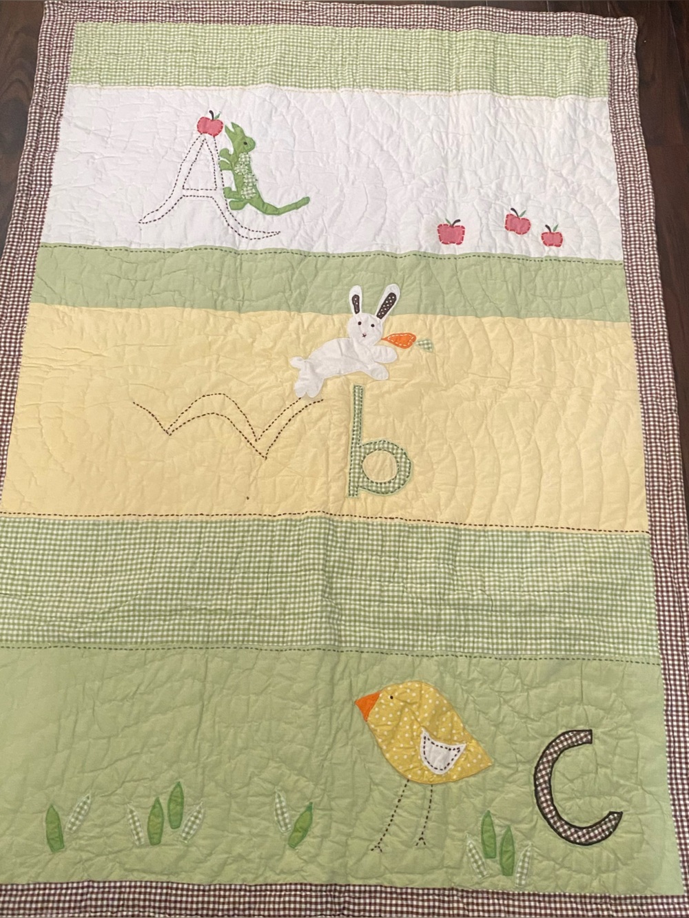 Pottery Barn Kids Pastel Green and Yellow Alphabet Animal Crib Quilt